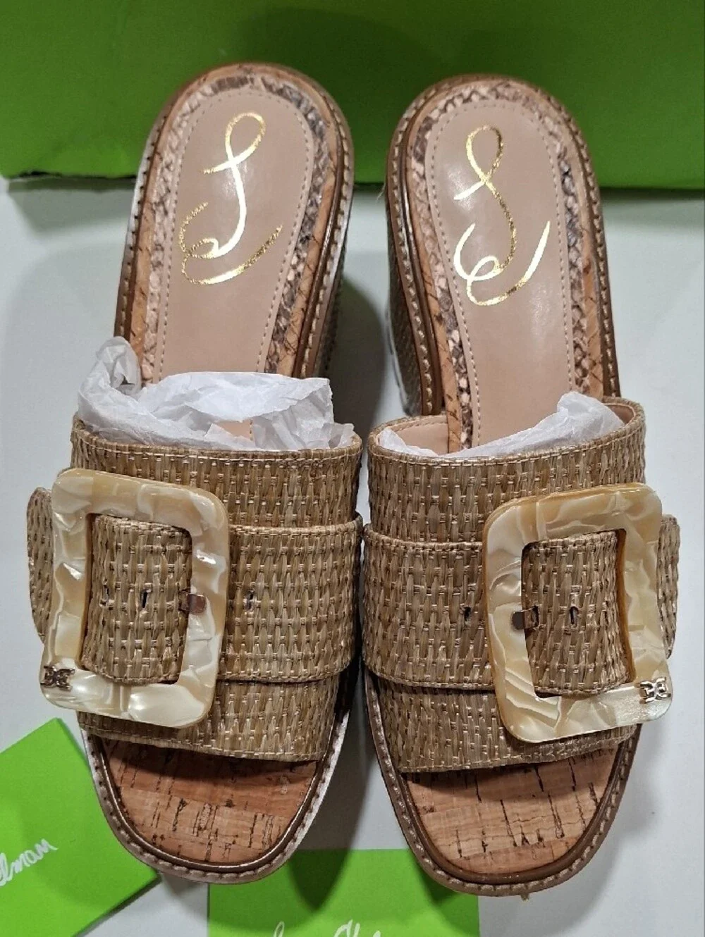 Sam Edelman Tan Woven Slide Mules with Marbled Buckle
